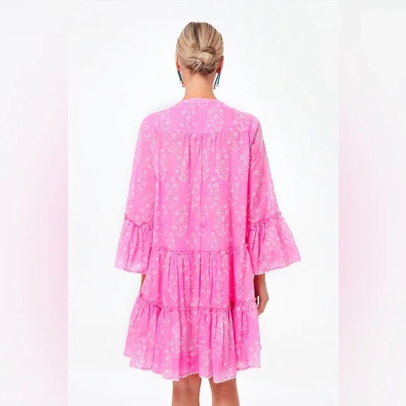 Juliet Dunn Orchid Small Flower Lurex Flared Sleeve Dress